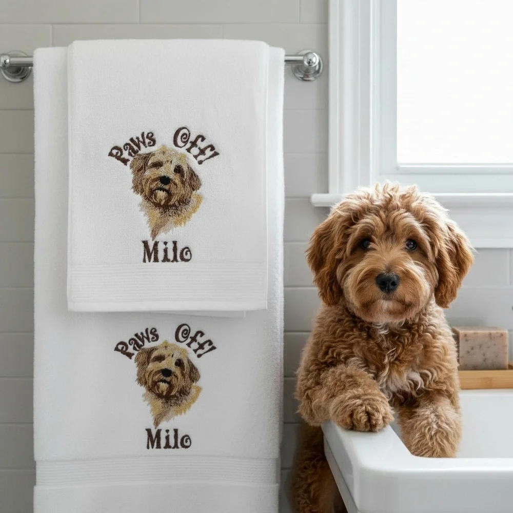 Personalized Embroidered Dog Hand and bath Towel set with your dog's name paws